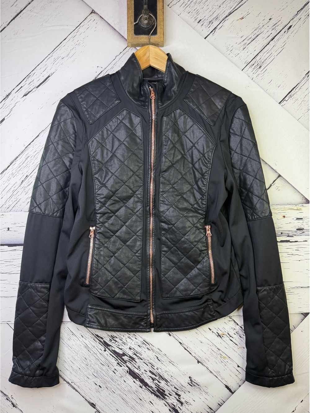 Victoria’s Secret Sport Faux Leather Quilted Moto Jacket Black/Rose Gold Women S